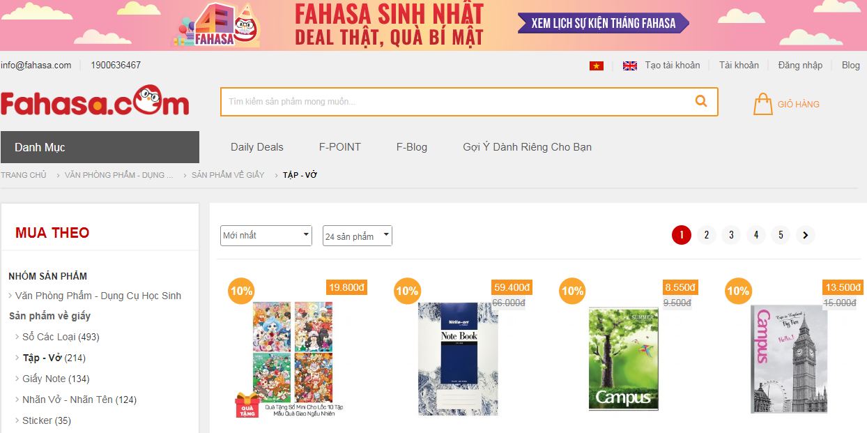 Website bán tập vở, đồ dùng học sinh - Fahasa